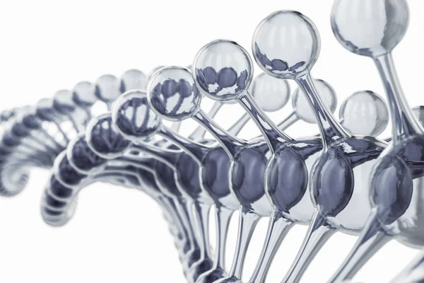Um conceito de DNA de partículas brilhantes renderizado em 3D isolado em fundo branco. Desenho de moléculas azuis abstratas. Átomos. Ciência ou formação médica. Banner ou panfleto de química . — Fotografia de Stock
