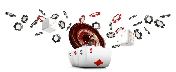 Jugar a las cartas y fichas de póquer volar casino bandera amplia. Casino concepto de ruleta sobre fondo blanco. Poker casino vector ilustración. Diseño realista del casino. Plantilla de poker . — Vector de stock