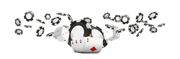 Spielkarten und Pokerchips fliegen Casino breiten Banner. Casino Roulette Konzept auf weißem Hintergrund. Poker Casino Vektor Illustration. realistisches Casino-Design. Vorlage für Glücksspiel. — Stockvektor