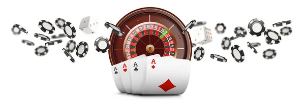 Κάρτες παιχνιδιού και πόκερ μάρκες πετούν καζίνο ευρεία banner. Καζίνο ρουλέτα έννοια σε άσπρο φόντο. Εικονογράφηση διάνυσμα καζίνο πόκερ. Καζίνο ρεαλιστικό σχεδιασμό. Τυχερά παιχνίδια πόκερ πρότυπο. — Διανυσματικό Αρχείο