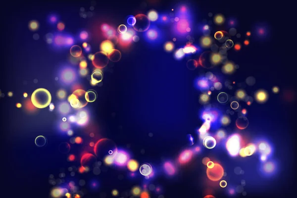 Bunter Hintergrund. kreisförmige Bokeh funkeln Farbe Lichter Hintergrund. magischen Raum kosmische glänzende Blasen. farbenfrohe Layoutvorlage für die Gestaltung von Bannern oder Plakaten. Folge 10. — Stockvektor