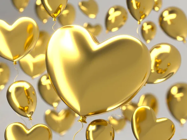 Alla hjärtans dag abstrakt bakgrund med gyllene 3d ballonger. Hjärta form. 14 februari, kärlek. Romantiskt bröllop gratulationskort. Womens, mors dag. 3D-rendering. — Stockfoto