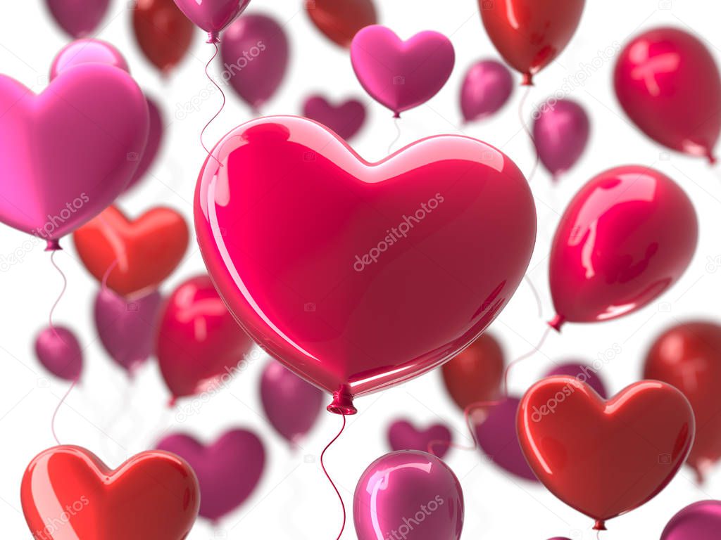 Valentines day abstract background with red 3d balloons. Heart shape. February 14, love. Romantic wedding greeting card. Womens, Mothers day. 3d rendering.