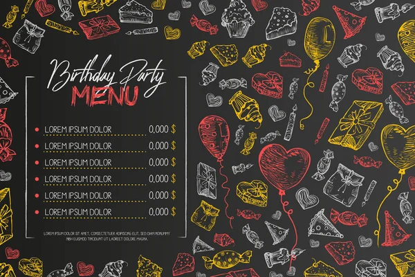 Modelo de vetor de menu de aniversário de crianças, folheto criativo de restaurante de aniversário de crianças bonitos, no fundo preto. Giz sobre quadro negro desenhado à mão ilustração estilo esboço ilustração vetor desenhado à mão . — Vetor de Stock