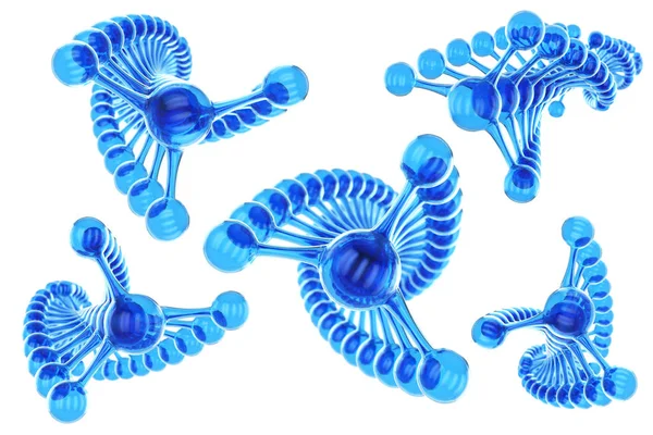 Conceito de molécula de DNA azul isolado em fundo branco. Atom 3D renderizado. Desenho de moléculas azuis abstratas. Ciência ou formação médica. Banner ou panfleto de química. Ilustração renderizada 3D . — Fotografia de Stock