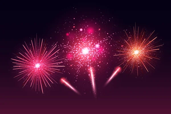 Fogos de artifício coloridos festivos brilhantes. Ilustração de fogos de artifício realistas vetoriais. Fogos de artifício de Ano Novo. Explosão de fogo de artifício, estrela ou poeira estelar, cores brilhantes . — Vetor de Stock