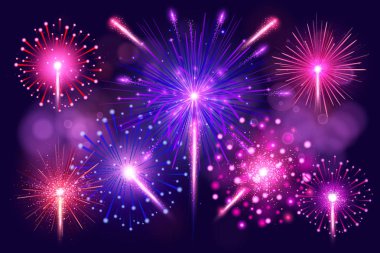 Renkli fireworks küme. Parlak Festival gerçekçi vektör havai fişek illüstrasyon. Yeni yıl Noel havai fişek. Havai fişek patlama, yıldız ya da yıldız tozu, parlak renkler arka plan.