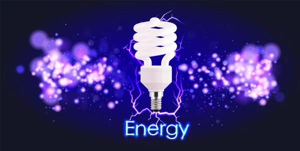 Eco energisparande lampa, glödande kompakt fluorescerande glödlampa. Energibesparande digital design begreppet blå glödande neon flasf lampor. Eko energi banner. — Stock vektor