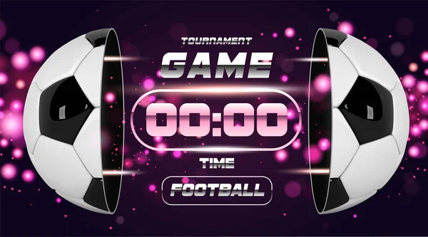 Football banner or flyer design with 3d ball. Soccer game match design with timer or scoreboard. Half football ball. Ball divided into two parts. Soccer league with game competition. — Stock Vector