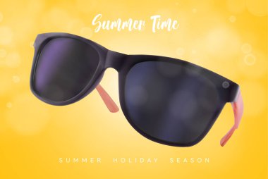 Sarı arka plan üzerinde gerçekçi güneş gözlüğü. Tatil, yaz seyahat tasarım, seyahat acentesi. Vektör gerçekçi 3d çizim. Moda aksesuar tasarımı. Yaz gözlük kavramı.