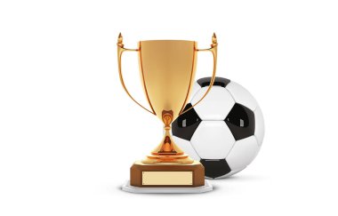 Gerçekçi altın kupa Kupası Altın Top içinde. Kazanan Kupası ve futbol topu. Futbol topu ile ahşap raf üzerinde parlak altın 3d ödül ödüller. Vektör çizim