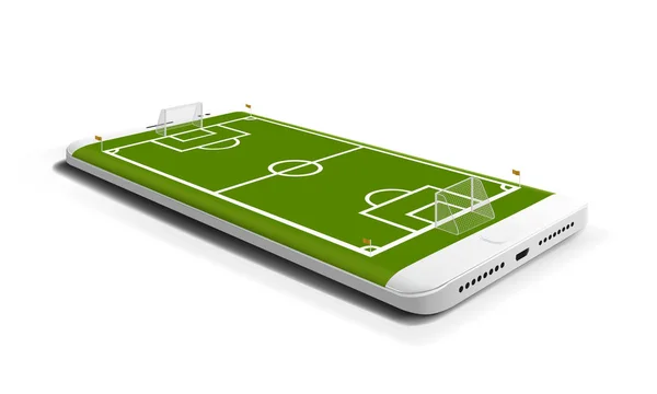 Futebol móvel. Jogo desportivo móvel. Jogo de futebol online com aplicativo móvel ao vivo. Campo de futebol na tela do smartphone. Conceito de venda de bilhetes online . —  Vetores de Stock