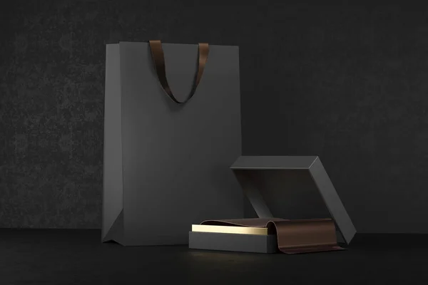 Premium πακέτο μαύρη για αγορές σε μαύρο φόντο. Μαύρο χαρτί τσάντα αγορών με τις λαβές Mock Up. Πολυτελή τσάντα και κουτί, 3d rendering. — Φωτογραφία Αρχείου