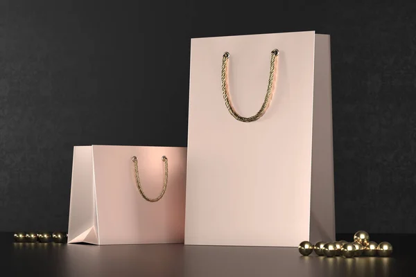 Bolsas de compras premium maqueta, paquete para compras en un fondo negro. Bolsa de compras de papel de oro rosa con asas doradas simulan. Bolsas de papel de lujo, 3d renderizado . — Foto de Stock