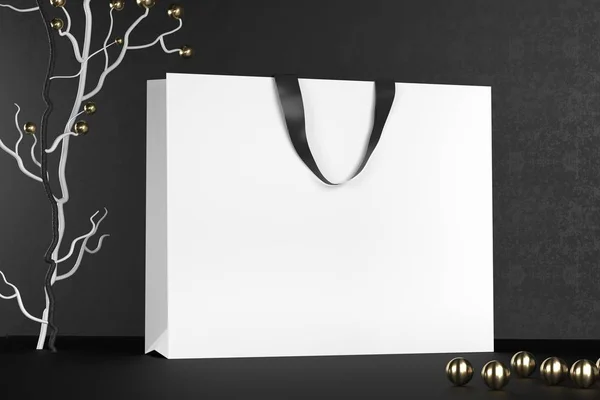 Bolsas de compras blancas premium maqueta, paquete para compras en un fondo negro. Bolsa de compras de papel blanco con asas negras se burlan. Bolsas de papel de lujo, 3d renderizado . —  Fotos de Stock