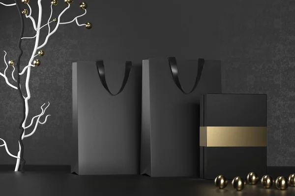 Black paper shopping bag with handles and luxury black box Mock Up. Premium black package for purchases mockup on a black background. 3d rendering.
