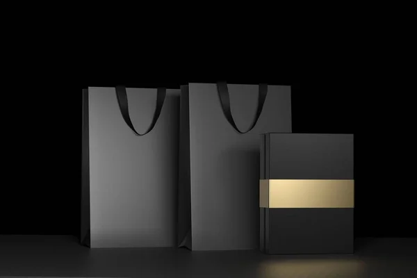Bolsa de compras de papel negro con asas y caja negra de lujo Mock Up. Paquete negro premium para compras maqueta sobre un fondo negro. renderizado 3d . —  Fotos de Stock