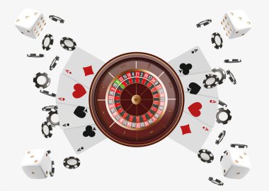 Casino arka plan rulet tekerleği ile iskambil, zar ve patates kızartması. Online casino poker tablo konsept tasarımı. Mavi arka plan üzerinde üstten görünüm beyaz zar ve cips. Casino işareti. 3D vektör çizim