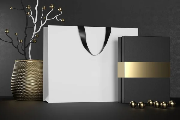 White branding paper shopping bag with handles and luxury black box Mock Up. Premium white package for purchases mockup on a black background. 3d rendering.