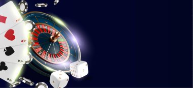 Online casino banner veya el ilanı arka plan. Vegas casino rulet tekerleği üzerinde mavi arka plan izole. 3D gerçekçi vektör çizim. Zemin konsept tasarımı kumar online poker casino rulet.