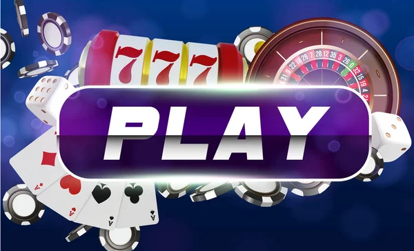 Casino iskambil, zar, rulet ve patates. Mavi yuvarlak oyun düğmesi metalik sınır, casino arka plan ile. Online Vegas casino poker konsept tasarımı. 3D vektör çizim. — Stok Vektör