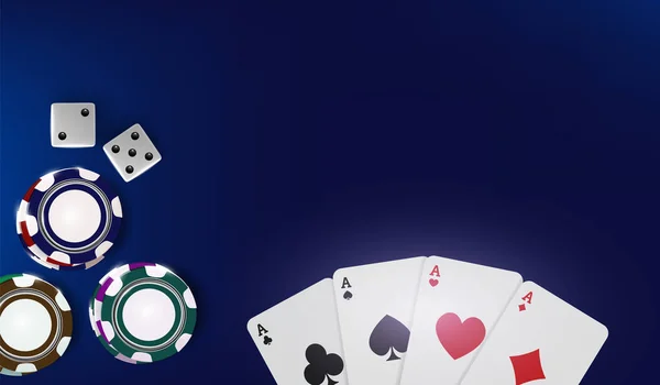 Tampilan teratas dari chip poker Casino, dadu dan kartu di latar belakang biru. Panji kasino online Vegas dengan chip di meja permainan biru dan tempat untuk teks. Konsep backdrop vektor 3d judi . - Stok Vektor