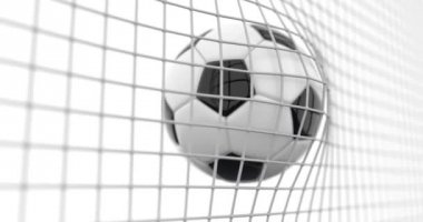 Hedef Net yavaş hareket içine uçan futbol topu. Güzel futbol gol an beyaz arka plan üzerinde 3d animasyon. 4k.