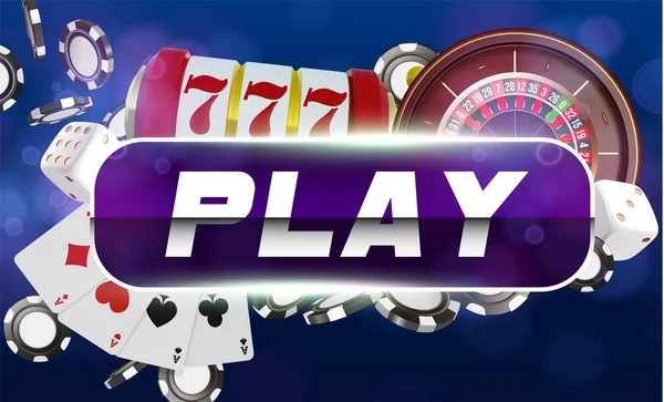 Casino play gomb háttere. Kaszinó kártya, kocka és a chipek. Online kaszinó póker koncepció kialakítása. 3D vektoros illusztráció. — Stock Vector