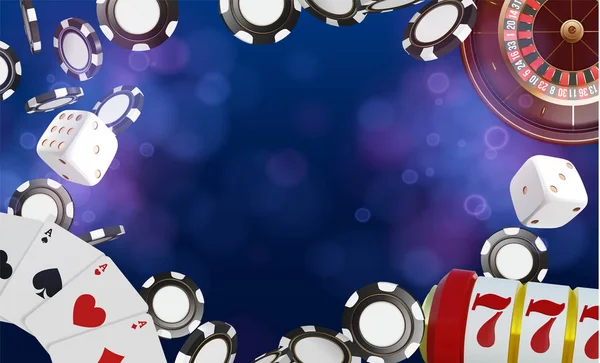 Casino Hintergrund mit Platz für Text. Casino-Spielkarten, Würfel und Chips. Online Casino Poker Konzeption. 3D-Vektor-Illustration. — Stockvektor