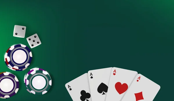 Top view of Casino table. Poker chips, dice and cards on green background. Online Vegas casino banner with chips on green game table and place for text. Gambling 3d vector backdrop concept. — Stock Vector