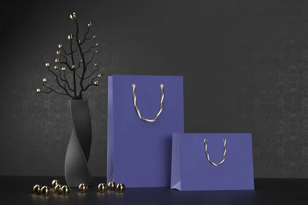Luxury blå papper shoppingväska med handtag Mock upp. Premium svart paket för inköp mockup på svart bakgrund. 3D-rendering. — Stockfoto
