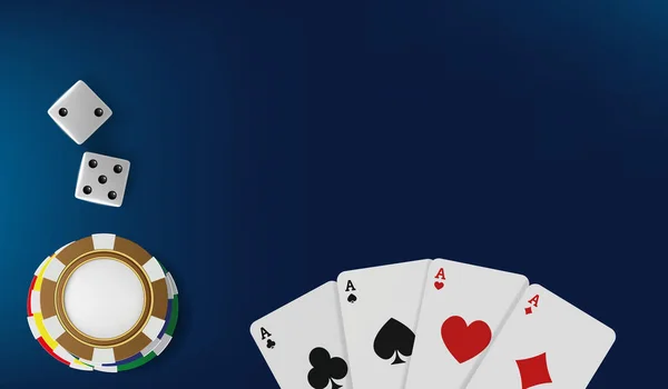 Pemandangan terbaik dari meja kasino. Chip Poker, dadu dan kartu di latar belakang biru. Panji kasino online Vegas dengan chip di meja permainan biru dan tempat untuk teks. Konsep backdrop vektor 3d judi . - Stok Vektor