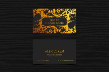 Luxury black business cards with marble texture and gold detail vector template, banner or invitation with golden foil on black background. Branding and identity graphic design. clipart