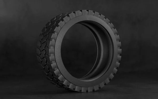 Neumático para camión o tractor. Neumático sobre fondo negro. ilustración 3d . — Foto de Stock