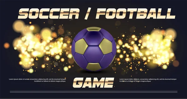 3 d 黄金青いボールとサッカー バナー。サッカー ゲームでは、サッカー ボールのデザインと一致します。金色の背景にサッカー ボール. — ストックベクタ