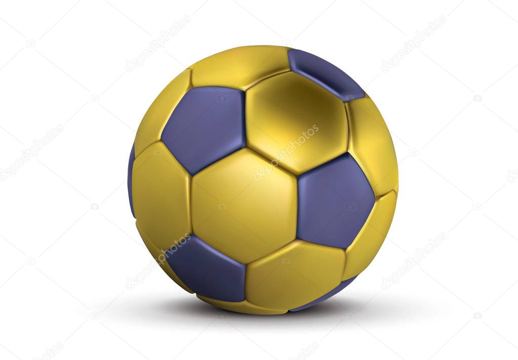 Gold Blue soccer ball on white background. Realistic 3d golden football ball. Bronze blue football ball