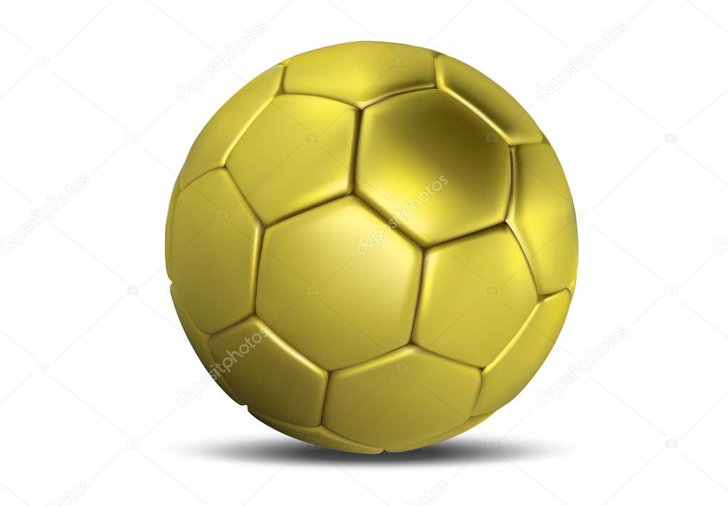 Golden football ball. Gold soccer ball isolated on white background. Soccer 3d ball.