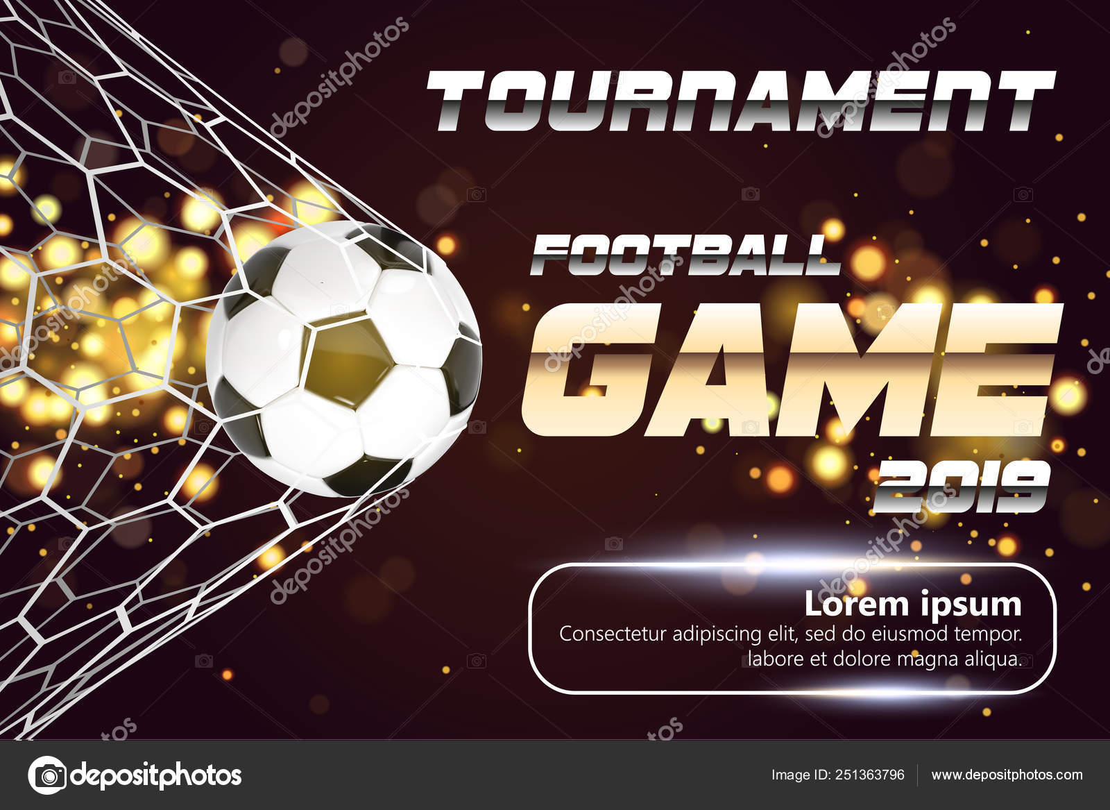 Soccer Or Football Banner With 3d Ball On Sparkling Golden Background Soccer Game Match Fire Goal Moment With Ball In The Net And Place For Text On Dark Background Vector Image