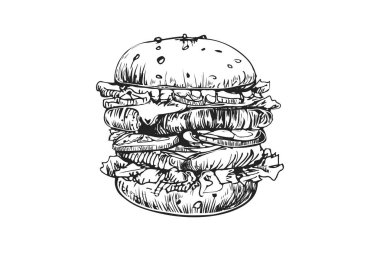 Hamburger vektör logo tasarım şablonu. Fast food ya da Restoran simgesi. Hamburger burger sandviç kroki tarzı elle çizilmiş çizimi.