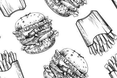 Burger seamless modeli. Elle çizilmiş hamburger ve kızarmış patates. Fast food, abur cubur desen. Amerikan Mutfagi. Burger Restoran menü tasarımı. Hamburger sandviç kroki tarzı.
