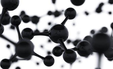 Soyut moleküller tasarımı. Siyah atomlar. Kimya Bilimi Banner veya Flyer için soyut arka plan. Bilim veya tıbbi arka plan. Siyah molekül 3D render illüstrasyon.