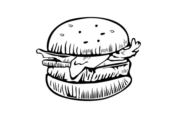 Burger vector logo design template. Icono de comida rápida o restaurante. Ilustración dibujada a mano del estilo de boceto de sándwich de hamburguesa . — Vector de stock