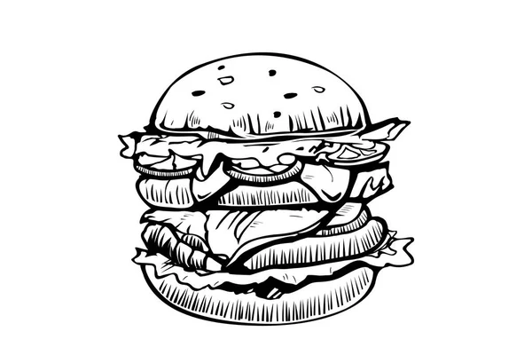 Burger vector logo design template. Icono de comida rápida o restaurante. Ilustración dibujada a mano del estilo de boceto de sándwich de hamburguesa . — Vector de stock