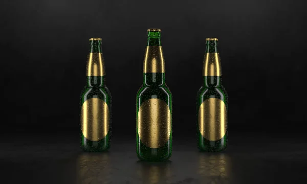 Three beer bottles standing on a rustic black table. Beer mock up. Wet beer bottles withgolden labels and water drops Mockup. Alcohol advertising picture banner. 3d rendering.