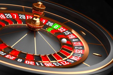 Siyah arka planda Lüks Casino rulet tekerleği. Casino teması. 21 üzerinde bir top ile yakın çekim siyah Casino rulet. Poker oyun masası. 3B işleme çizimi.