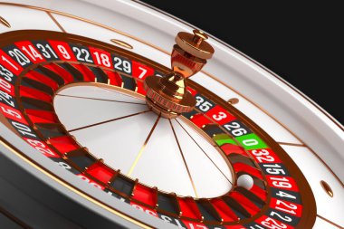 Luxury Casino roulette wheel on black background. Casino theme. Close-up white casino roulette with a ball on 21. Poker game table. 3d rendering illustration.
