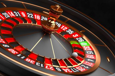 Siyah arka planda Lüks Casino rulet tekerleği. Casino teması. 21 üzerinde bir top ile yakın çekim siyah Casino rulet. Poker oyun masası. 3B işleme çizimi.