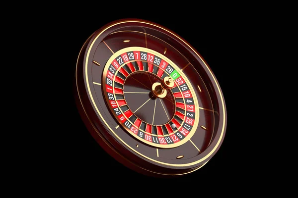 Luxury Casino roulette wheel on black background. Casino theme icon. Close-up wooden Casino roulette with a ball. Poker game table. 3d rendering illustration.