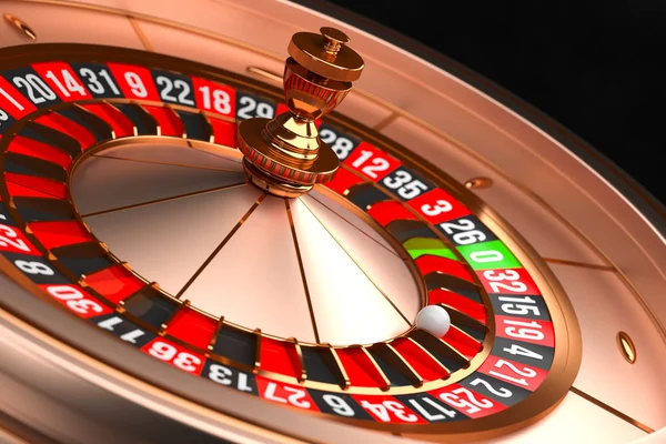 Luxus kaszinó rulett kerék fekete háttérrel. Kaszinó téma. Közeli arany kaszinó rulett a labdát a 21. Póker játékasztal. a 3D renderelés illusztrációja. — Stock Fotó