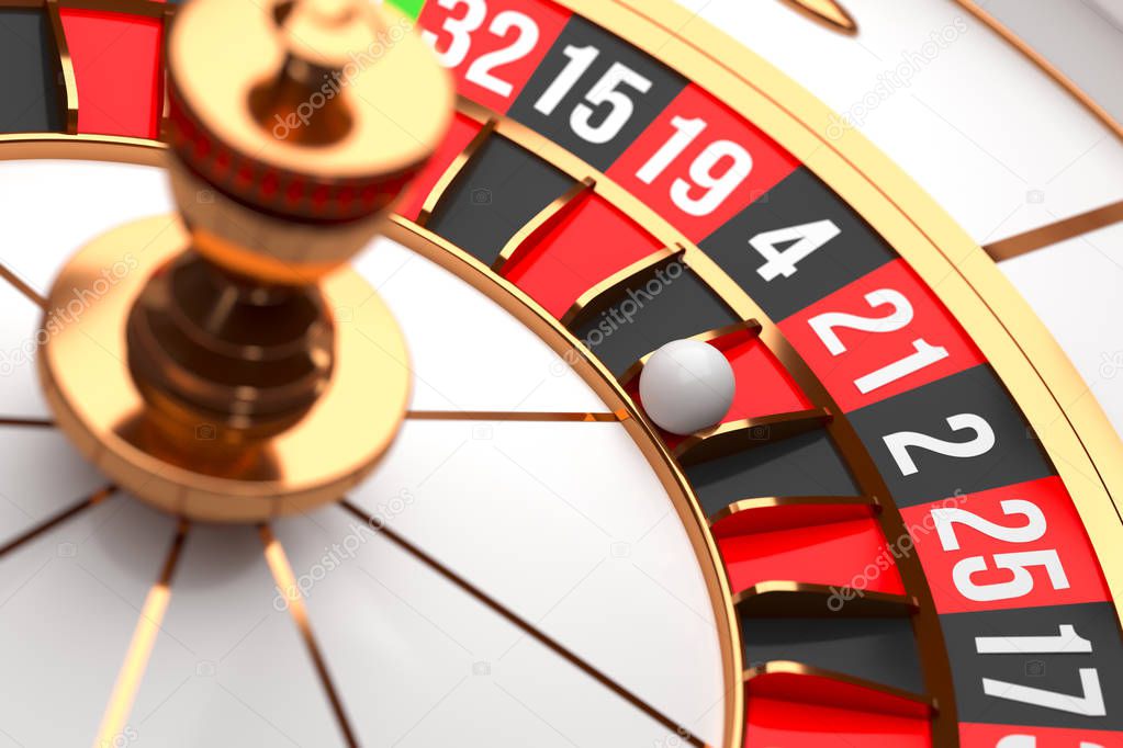 Luxury Casino roulette wheel on black background. Casino theme. Close-up white casino roulette with a ball on 21. Poker game table. 3d rendering illustration.